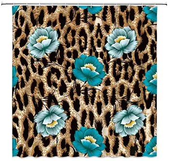 Leopard Flower Badeforhæng Krikand Blomster Kreative Leopard Print Mix Vilde Hud Safari Kraftfulde Dyr Big Cat Stof Badeværelse