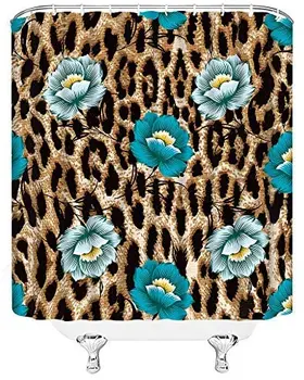 Leopard Flower Badeforhæng Krikand Blomster Kreative Leopard Print Mix Vilde Hud Safari Kraftfulde Dyr Big Cat Stof Badeværelse