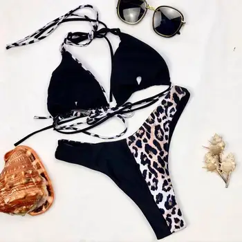 Leopard Patchwork Kvinder Badetøj Sexet Dame Push Up Bandage Bikini Sæt Kvindelige Halterneck Badebukser