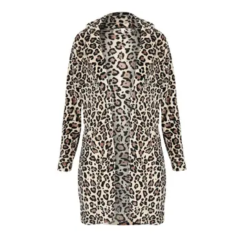 Leopard Plys Tyk Cardigan Vinterfrakke Turn Down Krave Lange Ærmer Elegante Jakker Kvinder Varm Overfrakke Sexet Casual Overtøj