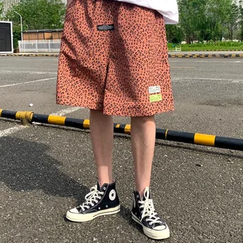 Leopard Print Lige Shorts til Mænd koreansk Mode Løs Casual Shorts til Mænd Streetwear Alle-match Straight Fem-punkt Bukser til Mænd
