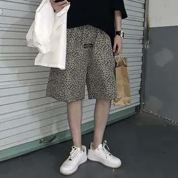 Leopard Print Lige Shorts til Mænd koreansk Mode Løs Casual Shorts til Mænd Streetwear Alle-match Straight Fem-punkt Bukser til Mænd