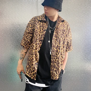 Leopard Skjorte Mænd Streetwear Hip Hop Mode Løs Casual Korte Ærmer Overdele Bluse Shirt