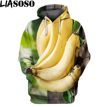 LIASOSO Banan Frugt 3D-Print Hooded Sweater Kvinder Mænd Sweatshirt med Lange Ærmer Gul Mad Sund Lækker Casual Motion