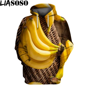 LIASOSO Banan Frugt 3D-Print Hooded Sweater Kvinder Mænd Sweatshirt med Lange Ærmer Gul Mad Sund Lækker Casual Motion