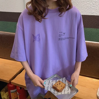 Lilla Sommerfugl Print T-shirt til Kvinder Løs Ins Bf Harajuku Tshirt 2020 Sommer Mode Oversize T-Shirt Streetwear L0613