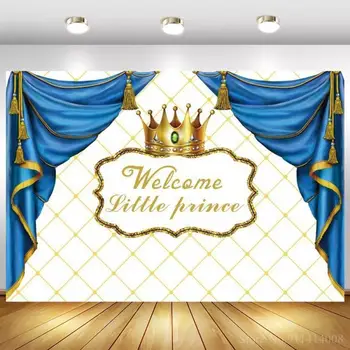 Lille Prins, Prinsesse Tillykke Med Fødselsdagen Fotografering Baggrund Hovedgærde Mur, Royal Blue, Red Curtain Kage Tabel Baggrund Indretning