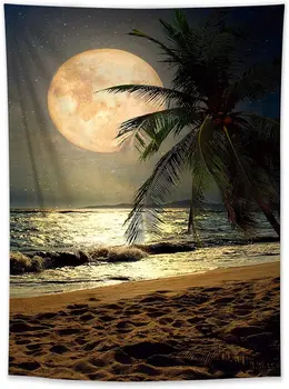 Lille Tropisk Strand, Gobelin Hawaii Coconut Tree Rum Udsmykning Tæppe, Månen Over Havets Vægtæppe Til Hjemmet Indretning