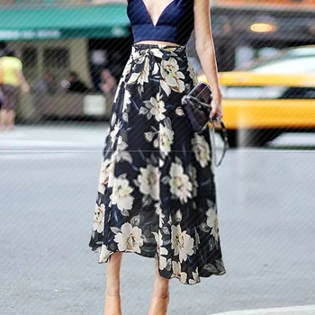 Limiguyue Smarte Plus Size Kvinder Nederdel Europa Mode Midi-Chiffon nederdel Jupe Femme snøre Hele Sommeren Blomster Print Nederdele K1591