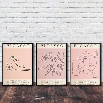 Line Art Picasso-Udstilling Kanvas At Male Abstrakt Pink Ansigt, Fugl, Kat Plakater Dans Væg Kunst, Billeder, Stue Indretning