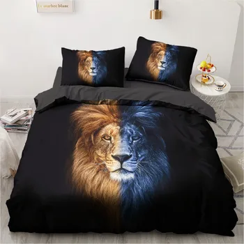 Lion Duvet Cover Sæt Sort Bed 3D Custom Design, Pude Tilfælde, Fuld Konge Dronning Super-King-Size Sengetøj Dyr