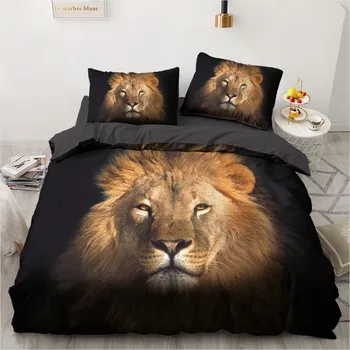 Lion Duvet Cover Sæt Sort Bed 3D Custom Design, Pude Tilfælde, Fuld Konge Dronning Super-King-Size Sengetøj Dyr
