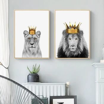 Lion King-Queen Plakat Golden Crown Lærred Maleri Dyr Væg Kunst Print Moderne Billede Til Stuen På Væggen I Hjemmet Indretning