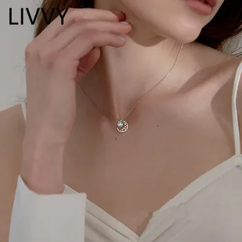 LIVVY Sølv Farve Månen Planet Star Blue Crystal Zircon Halskæde til Kvinder, Mode Smykker