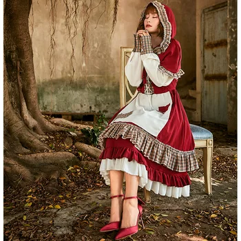 Lolita Kjole Halloween, Karneval Fest Cosplay Stuepige Little Red Riding Hood Patch Chiffon Blonder Kage Kjole Sød Pige Etape Kostume