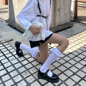 Lolita Velvet Kalv Sokker Kvindelige Harajuku Gotiske Ribbon Lace Strømper Mørk Punk Bow Tie Kawaii Loli Sokker Datter Sommer 2021