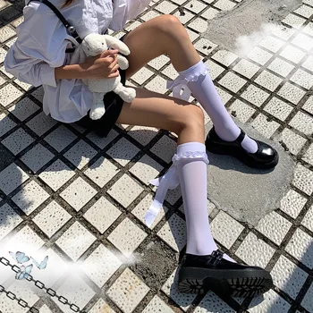Lolita Velvet Kalv Sokker Kvindelige Harajuku Gotiske Ribbon Lace Strømper Mørk Punk Bow Tie Kawaii Loli Sokker Datter Sommer 2021