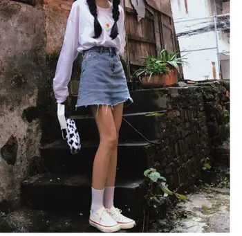Lrregular denim nederdel sommer-nye højtaljede tynd A-line pakke hip nederdel Harajuku Street alle-match Retro kort nederdel kvinder