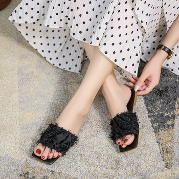 Lucyever Firkantet Tå Fjer Tøfler Kvinder Sommer Mode Lejligheder Solid Farve Muldyr Dias Kvinde Afslappede Udendørs Moderne Sandaler