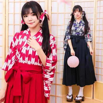 Lucyever Japansk Kimono Kjole Stykker Sætter Kvinder Brede Ærmer Print Cardigan Kvinde Plisserede Bue Nederdele Cosplay Party Outfit Mujer