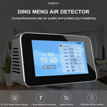 Luftkvaliteten Detektor PM2.5 PM10 PM1.0 Detektorer HCHO TVOC Analyse af luftkvaliteten Tester Gas Detektor Sensor Monitor Vækkeur
