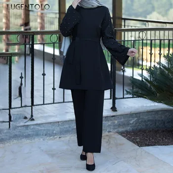 Lugentolo Muslimske Mode sæt Mode Sæt Kvinder Dubai Abaya Beaded ensfarvet Rund Hals, Lange Ærmer Vinger O-Hals Kvinder, Sæt