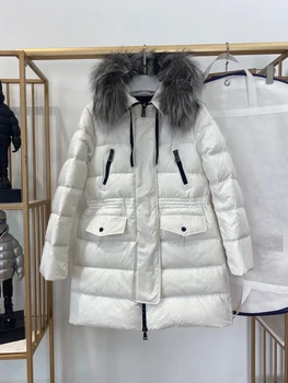 Luksus Design Premium Kvalitet Vinteren Quiltet Casual Hooded Ned Frakke med Ægte Pels Trim og Elastisk Linning