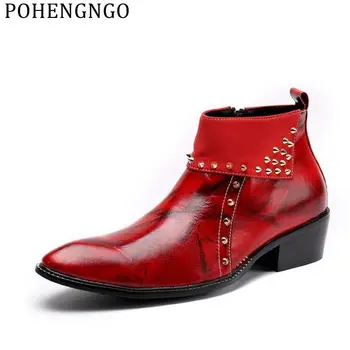 Luksus design rød mode mænd nitter støvler i Ægte læder punk Martin ankel støvler natklub mænd høj hæl rock cowboy støvler