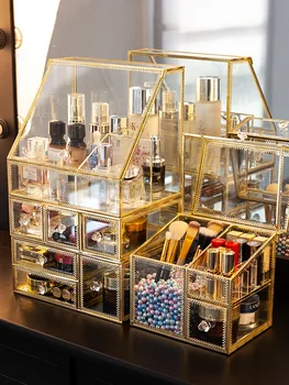 Luksus Glas Kosmetiske Opbevaringsboks Skuffer Makeup Organizer Desktop Vatpind Læift Holder Gøre Op Arrangør Pige Gave