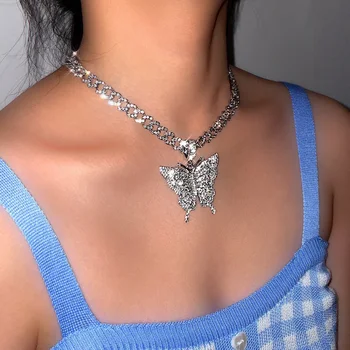 Luksus Skinnende Stor Sommerfugl Vedhæng Cubanske Link Halskæde Til Kvinder Dyr Fuld Rhinestone Kravebenet Kæde Halskæder Nyt Smykker