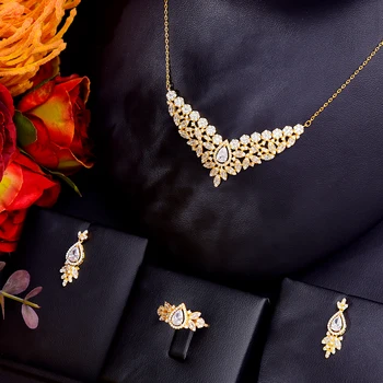 Luksus Smukke Skinnende Brude Halskæde, Armbånd, Øreringe og Ring Smykker sæt Til Damer, Kvinder Bryllup Afrikanske CZ Smykker Dubai