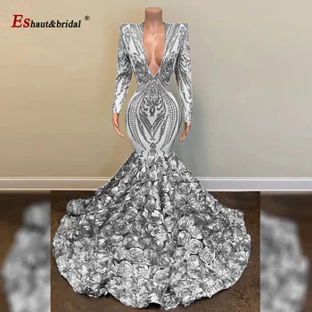 Luxury Mermaid Prom Dress 2020 Lange Ærmer V-Hals Pailletter 3D Blomster Afrikanske Sort Pige Formel Part Aften Kjoler