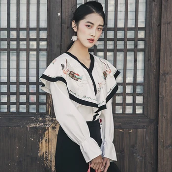 LYNETTE ER KINESERIER Foråret Efteråret Oprindelige Design Kvinder Kinesisk Stil Fe Print Chiffon Flæse Shirts