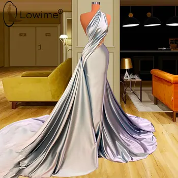Lys Blå Elegante Ene Skulder Aften i Satin Dresess Perler Prom Party Kjoler med Lange Tog Vestidos De Fiesta 2021