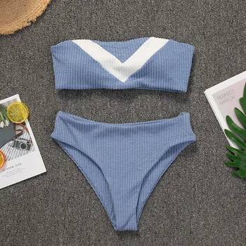 Lys blå strikket struktur badedragt kvindelige split høj talje sexet bikini badetøj, der passer badetøj til kvinder