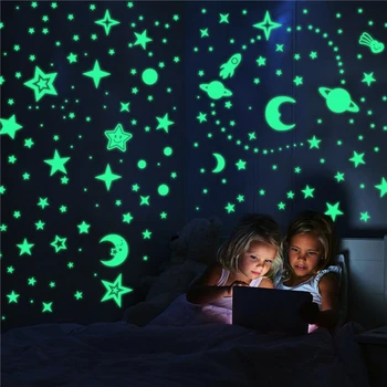 Lysende Wall Sticker 3D Stjerner Prikker Månen Univers Kids Room, Soveværelse, boligindretning Decal Glød I Mørke DIY Boble Klistermærker
