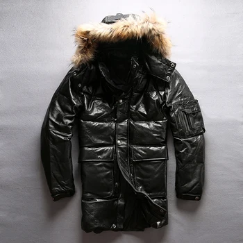 Læder 2021 vinter dunjakke solidt fast i ægte læder jakke mænd sort cowskin pels hætte, tykke jakker casual tøj lang