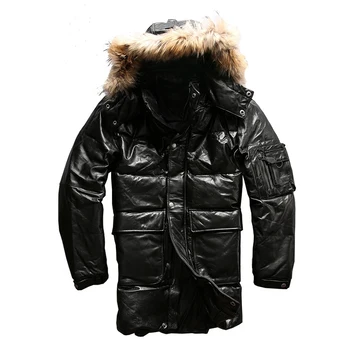 Læder 2021 vinter dunjakke solidt fast i ægte læder jakke mænd sort cowskin pels hætte, tykke jakker casual tøj lang