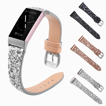 Læder Rem Til Fitbit Oplade 4 3 Smart Armbånd Band Med Skinnende Pailletter Stropper Elegant Til Fitbit Afgift 3 4 Armbånd
