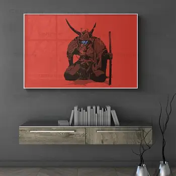 Lærred Maleri Japansk Ukiyoe Samurai Med Blå Ansigt Katana Væg Kunst Billeder Til Stuen Maleri Print Boligindretning
