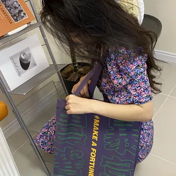 Lærred Tote Shoulder Bag for Kvinder 2021 Kinesiske Tegn for Udskrivning af Bomuld Klud Shopping Taske Store Håndtasker Øko Shopper Tasker