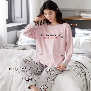 Løs Nattøj Søde Pony Mønster Lomme Pyjamas Sæt Til Kvinder Bomuld Casual Pyjamas Efteråret Varm Pink Langærmet Homewear Kvinder