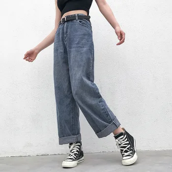 Løse Ben Jeans Kvinder Casual Vilde Solid Farve Retro koreansk Stil Bukser med Høj Talje Cuff Lige Denim Bukser til Daglig