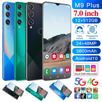M9 Plus 7,0 Tommer HD Smartphone 12GB+512GB 5800mAh 5G Netværk Fingeraftryk Facial Anerkendelse Kan Låse Android10 5G Mobiltelefon