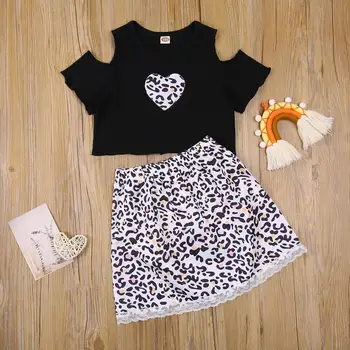 Ma&Baby 2-7Y Sommer Mode Barn Kid Baby Pige Tøj Sæt Off Skulder Hjerte Print T-shirt Top med Leopard Nederdele Tøj Kostumer