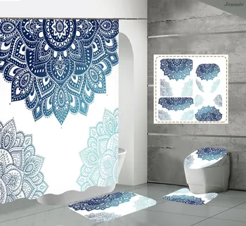 Mandala Blomster Print badeforhæng Med Toilet Dække bademåtte U-formet Toilet Sæde Boheme-Stil, Badeværelse Gardin Med Kroge