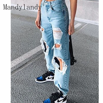 Mandylandy Kvinder Jeans Hul Sommeren Rippet Denim Bred Ben Bukser Med Høj Talje Løs Fuld Længde Plus Size Streetwear Jeans Bukser