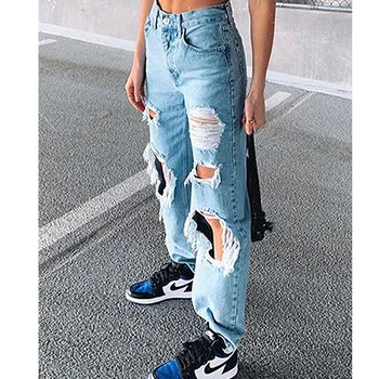 Mandylandy Kvinder Jeans Hul Sommeren Rippet Denim Bred Ben Bukser Med Høj Talje Løs Fuld Længde Plus Size Streetwear Jeans Bukser