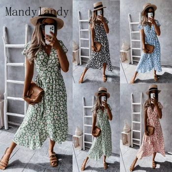 Mandylandy Kvinder Sommeren Elegant Blomster Print Lang Kjole Lady Sexet Mode Kortærmet V-Neck Sweat Daisy-Dress