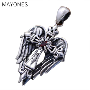 MAYONES Ægte 925 Sterling Sølv Vintage-halskæde Med englevinger Mandlige Christian Smykker Indlagt Naturlig Granat Sten